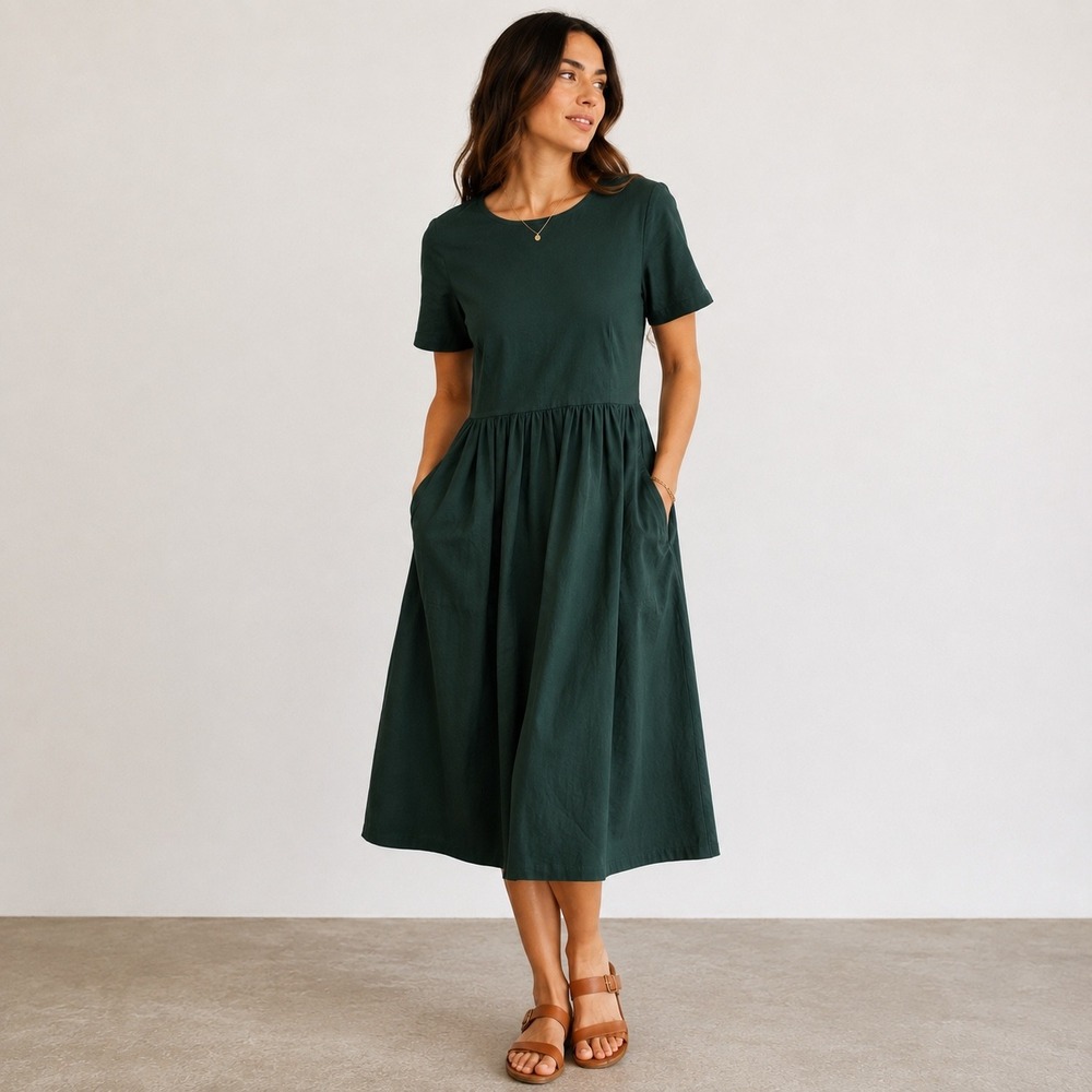 Bridge & Burn Forest Green Cotton Tencel Midi Dress Pockets Women's Small
